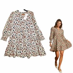 NEW Umgee Babydoll Dress M Ditsy Floral Corduroy V-Neck Boho Peasant Romantic